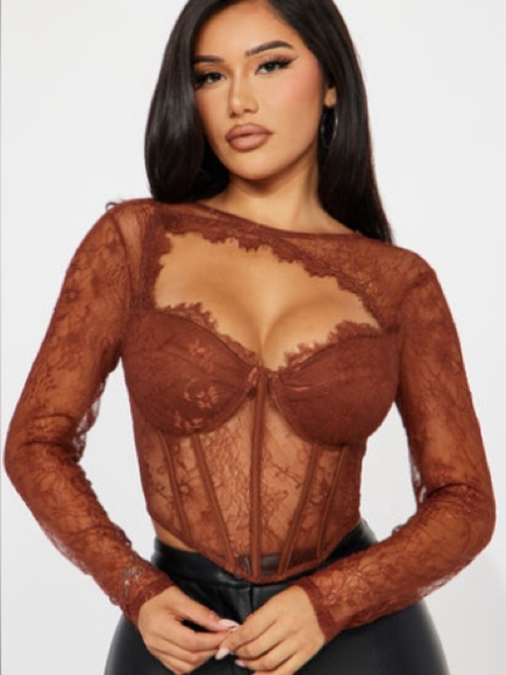 Sheer Lace Long-Sleeve Corset Top in Chocolate Brown size small
